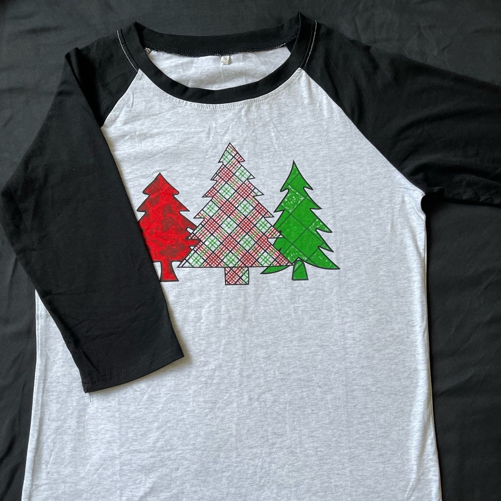 Christmas Tree T-Shirt Women 3/4 Sleeve Holiday Print, Size M NWOT